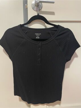 American Eagle Outfitters Black Ribbed Short Sleeve Henley Top